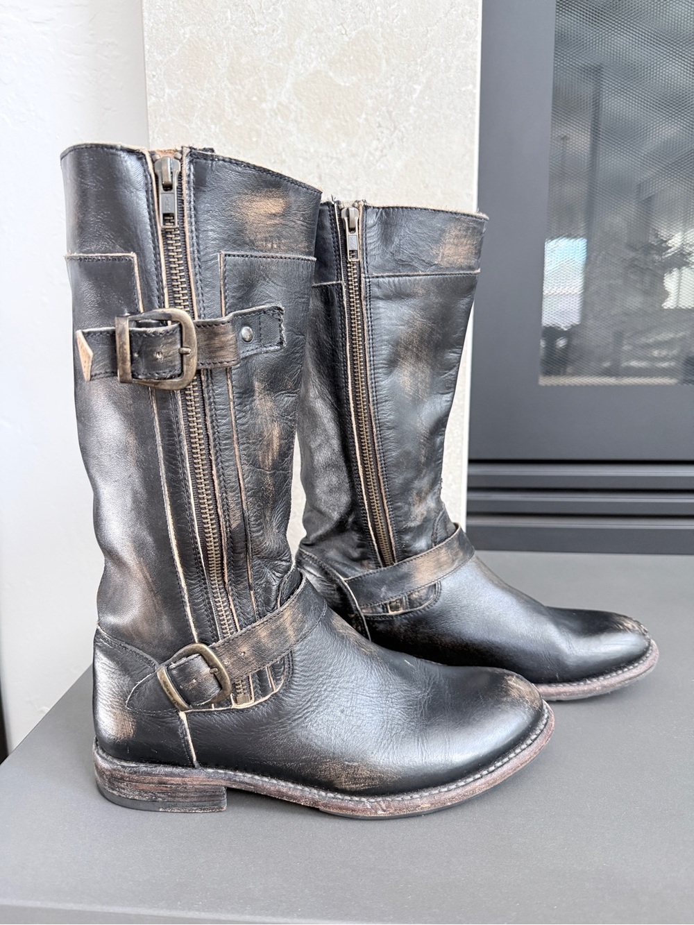BED|STÜ tall black leather moto boots, women’s size 8